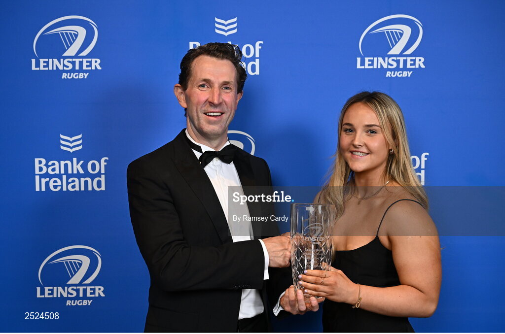 28 May 2023; Aoife Dalton is presented the BearingPoint Women's Young Player of the Year award by Eric Conway of BearingPoint at the Leinster Rugby Awards Ball, which took place at the Clayton Hotel Burlington Road in Dublin, was a celebration of the 2022/23 Leinster Rugby season. Photo by Ramsey Cardy/Sportsfile