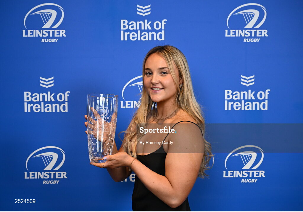 28 May 2023; Aoife Dalton with the BearingPoint Women's Young Player of the Year award at the Leinster Rugby Awards Ball, which took place at the Clayton Hotel Burlington Road in Dublin, was a celebration of the 2022/23 Leinster Rugby season. Photo by Ramsey Cardy/Sportsfile