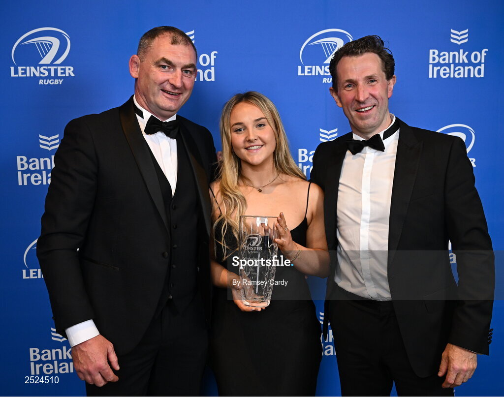 28 May 2023; Aoife Dalton is presented the BearingPoint Women's Young Player of the Year award by Eric Conway of BearingPoint, and Donal Milne, at the Leinster Rugby Awards Ball, which took place at the Clayton Hotel Burlington Road in Dublin, was a celebration of the 2022/23 Leinster Rugby season. Photo by Ramsey Cardy/Sportsfile