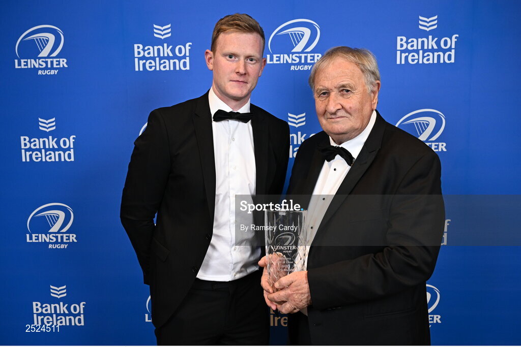 28 May 2023; Gerry Murphy is presented the Guinness Hall of Fame award by Gavin Ó Broin of Diageo at the Leinster Rugby Awards Ball, which took place at the Clayton Hotel Burlington Road in Dublin, was a celebration of the 2022/23 Leinster Rugby season. Photo by Ramsey Cardy/Sportsfile