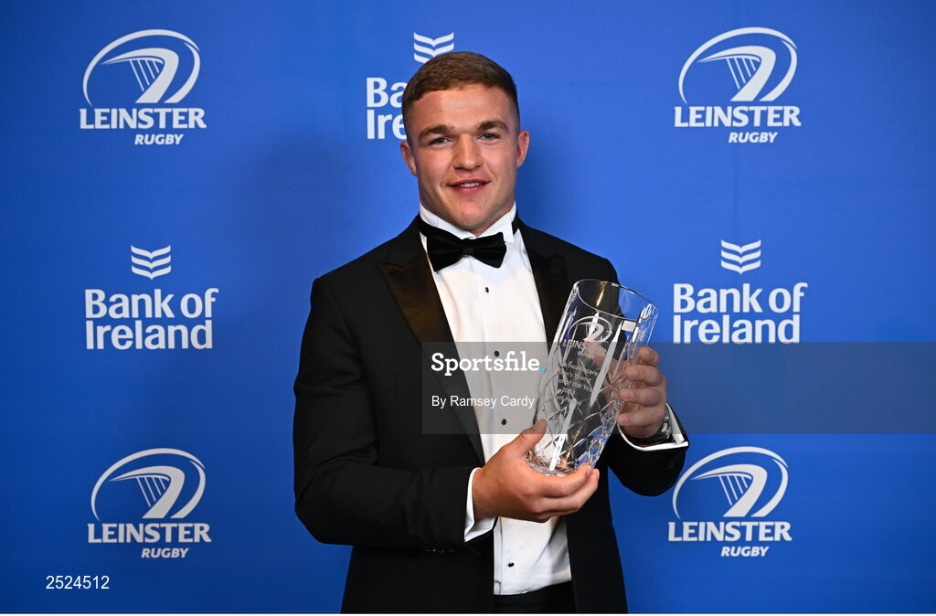 28 May 2023; Scott Penny with his Laya Healthcare Men's Young Player of the Year award at the Leinster Rugby Awards Ball, which took place at the Clayton Hotel Burlington Road in Dublin, was a celebration of the 2022/23 Leinster Rugby season. Photo by Ramsey Cardy/Sportsfile