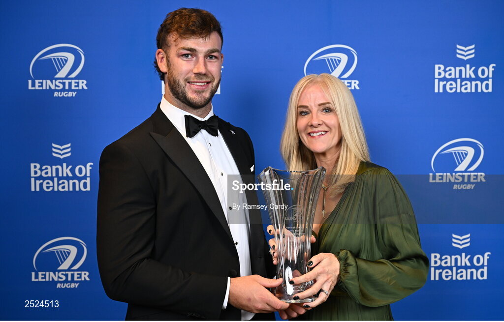 28 May 2023; Caelan Doris is presented the Bank of Ireland Men's Player of the Year award by Laura Lynch of Bank of Ireland at the Leinster Rugby Awards Ball, which took place at the Clayton Hotel Burlington Road in Dublin, was a celebration of the 2022/23 Leinster Rugby season. Photo by Ramsey Cardy/Sportsfile