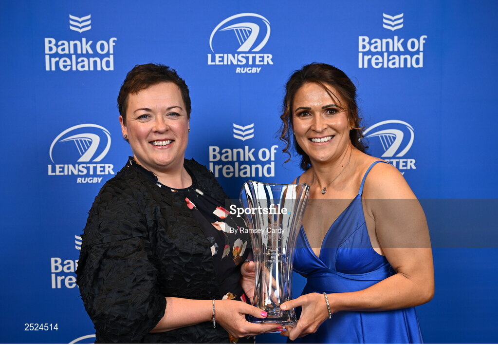 28 May 2023; Leinster Rugby Women's Head Coach Tania Rosser accepts the Bank of Ireland Women's Player of the Year award on behalf of Jenny Murphy, with Paula Murphy of Bank of Ireland at the Leinster Rugby Awards Ball, which took place at the Clayton Hotel Burlington Road in Dublin, was a celebration of the 2022/23 Leinster Rugby season. Photo by Ramsey Cardy/Sportsfile