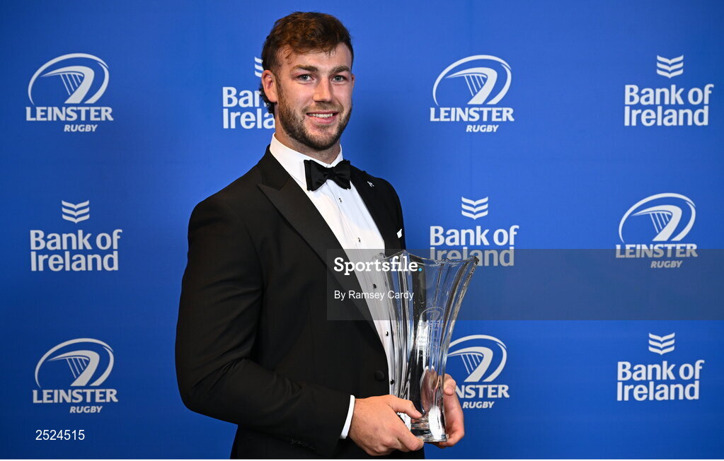 28 May 2023; Caelan Doris with his Bank of Ireland Men's Player of the Year award at the Leinster Rugby Awards Ball, which took place at the Clayton Hotel Burlington Road in Dublin, was a celebration of the 2022/23 Leinster Rugby season. Photo by Ramsey Cardy/Sportsfile
