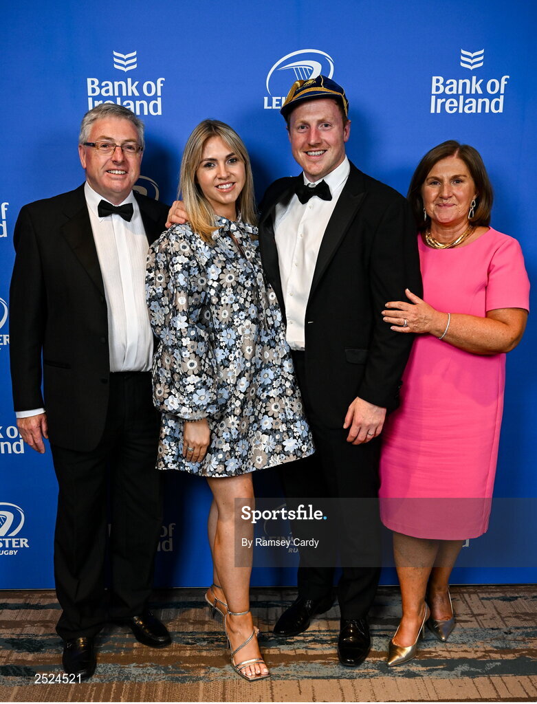 28 May 2023; James Tracy, with his wife Ashley, and parents Sile and Jim, at the Leinster Rugby Awards Ball, which took place at the Clayton Hotel Burlington Road in Dublin, was a celebration of the 2022/23 Leinster Rugby season. Photo by Ramsey Cardy/Sportsfile