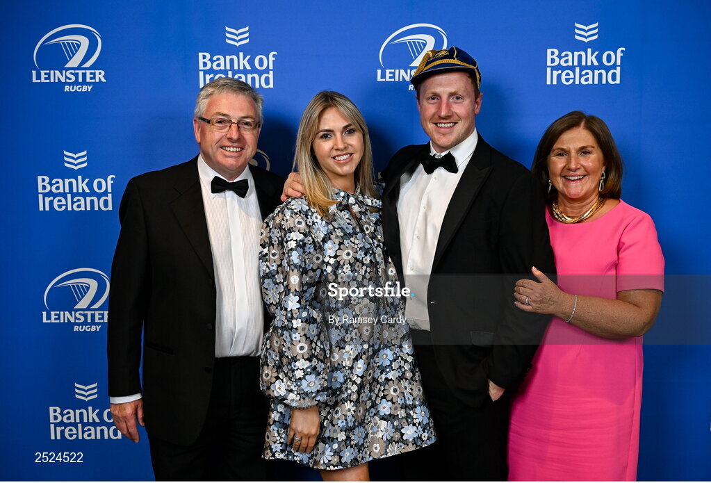 28 May 2023; James Tracy, with his wife Ashley, and parents Sile and Jim, at the Leinster Rugby Awards Ball, which took place at the Clayton Hotel Burlington Road in Dublin, was a celebration of the 2022/23 Leinster Rugby season. Photo by Ramsey Cardy/Sportsfile