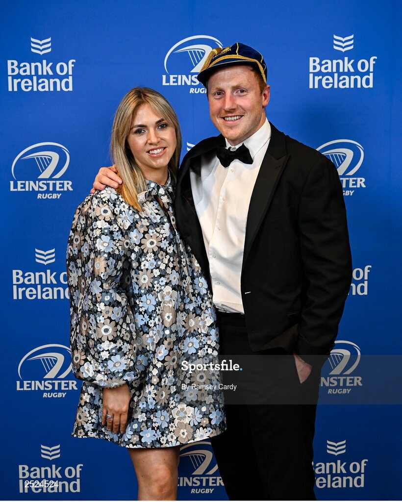 28 May 2023; James Tracy, with his wife Ashley, at the Leinster Rugby Awards Ball, which took place at the Clayton Hotel Burlington Road in Dublin, was a celebration of the 2022/23 Leinster Rugby season. Photo by Ramsey Cardy/Sportsfile