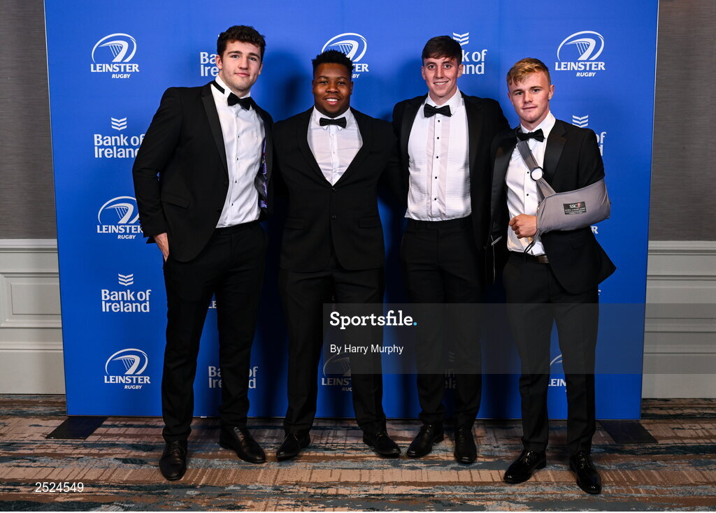 28 May 2023; On arrival at the Leinster Rugby Awards Ball is from left, James Culhane, Temi Lasisi, Charlie Tector and Ben Murphy. The Leinster Rugby Awards Ball, which took place at the Clayton Hotel Burlington Road in Dublin, was a celebration of the 2022/23 Leinster Rugby. Photo by Harry Murphy/Sportsfile