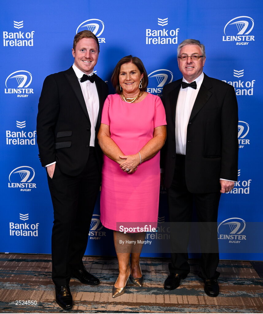 28 May 2023; On arrival at the Leinster Rugby Awards Ball is James Tracy with his parents Sile and Jim . The Leinster Rugby Awards Ball, which took place at the Clayton Hotel Burlington Road in Dublin, was a celebration of the 2022/23 Leinster Rugby season. Photo by Harry Murphy/Sportsfile