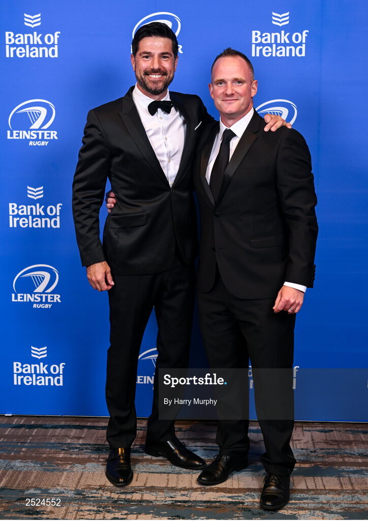 28 May 2023; On arrival at the Leinster Rugby Awards Ball is Craig Doyle and Marcus Ó Buachalla. The Leinster Rugby Awards Ball, which took place at the Clayton Hotel Burlington Road in Dublin, was a celebration of the 2022/23 Leinster Rugby. Photo by Harry Murphy/Sportsfile