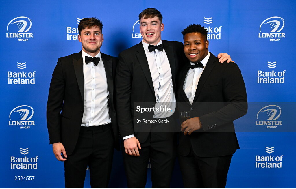 28 May 2023; Max O'Reilly, Diarmuid Mangan and Temi Lasisi at the Leinster Rugby Awards Ball, which took place at the Clayton Hotel Burlington Road in Dublin, was a celebration of the 2022/23 Leinster Rugby season. Photo by Ramsey Cardy/Sportsfile