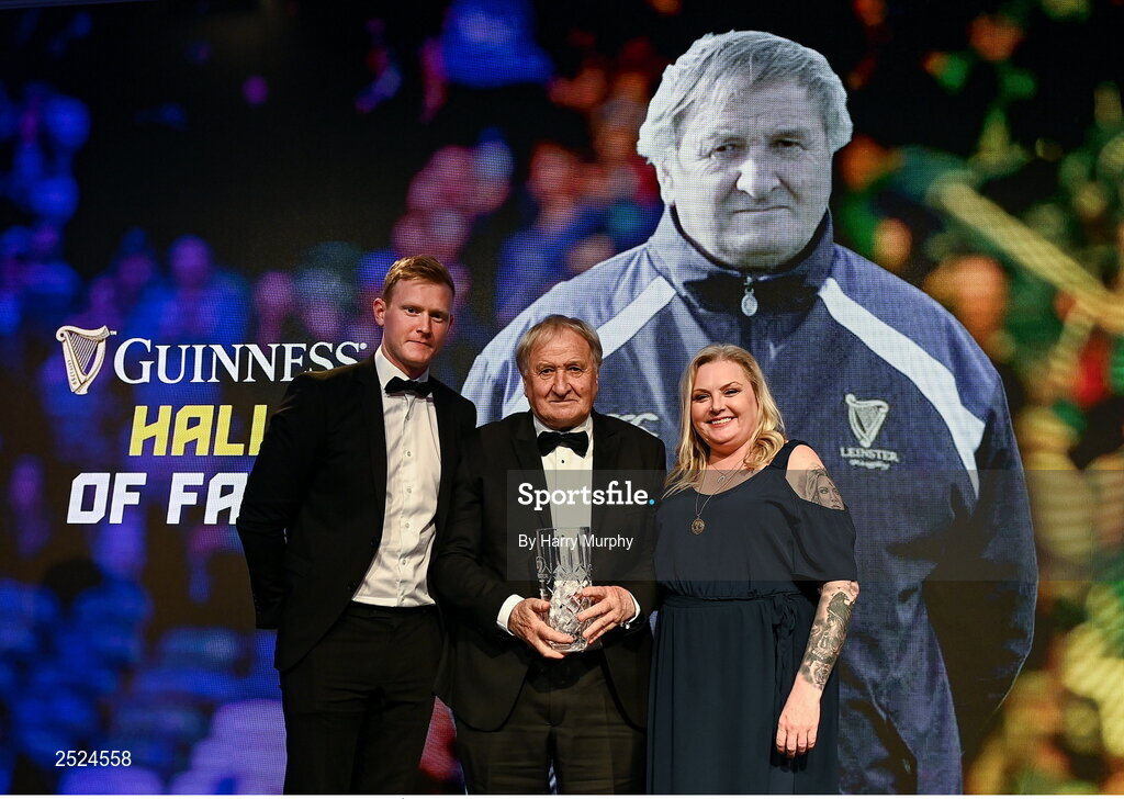 28 May 2023; Gerry Murphy is presented the Guinness Hall of Fame award by Gavin Ó Broin of Diageo and Leinster Rugby president Debbie Carty during Leinster Rugby Awards Ball, which took place at The Clayton Hotel Burlington Road in Dublin, was a celebration of the 2022/23 Leinster Rugby season. Photo by Harry Murphy/Sportsfile
