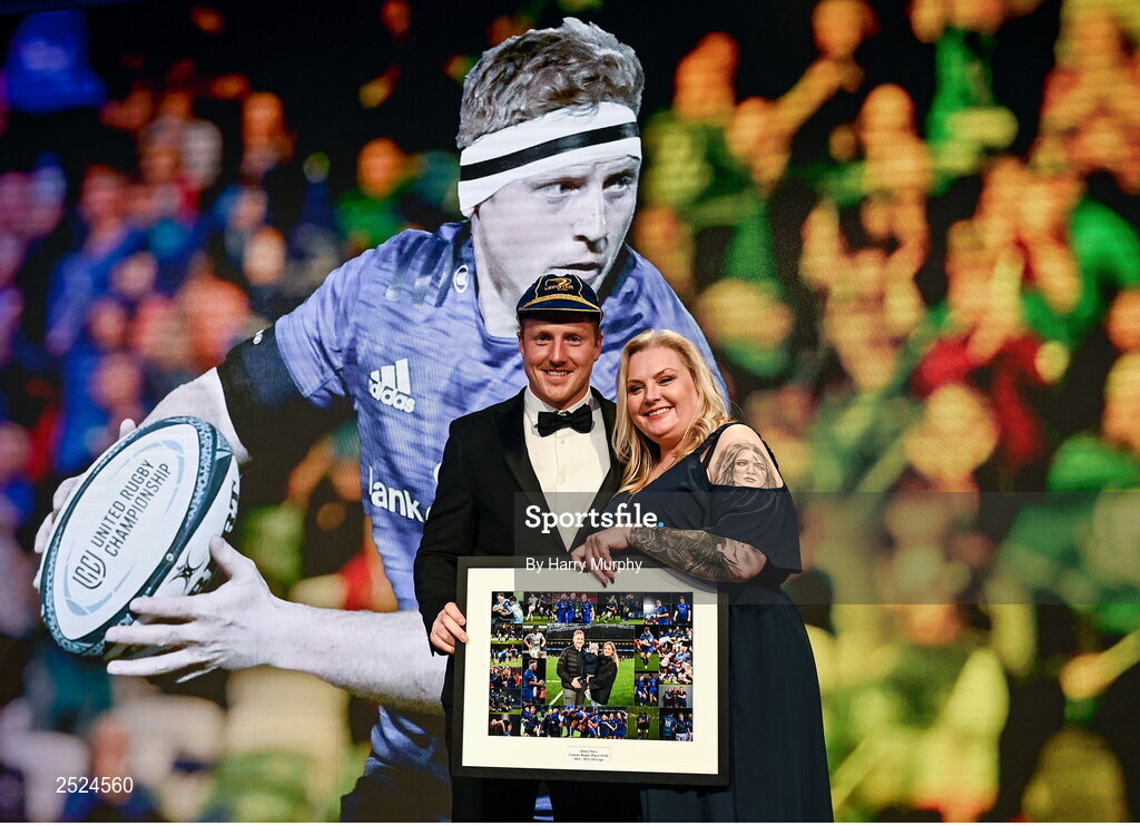 28 May 2023; James Tracy with Leinster Rugby president Debbie Carty during Leinster Rugby Awards Ball, which took place at The Clayton Hotel Burlington Road in Dublin, was a celebration of the 2022/23 Leinster Rugby season. Photo by Harry Murphy/Sportsfile