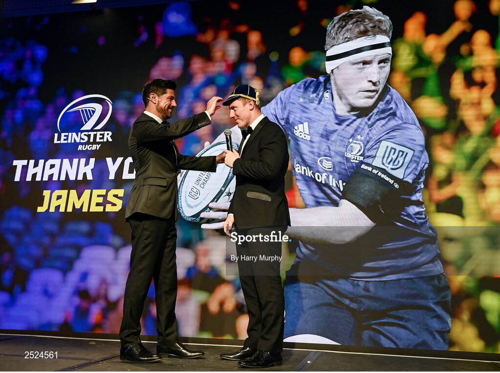 28 May 2023; James Tracy with MC Craig Doyle during Leinster Rugby Awards Ball, which took place at The Clayton Hotel Burlington Road in Dublin, was a celebration of the 2022/23 Leinster Rugby season. Photo by Harry Murphy/Sportsfile