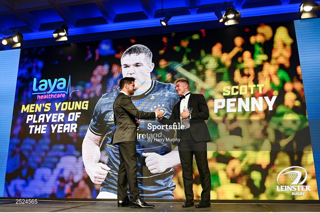 28 May 2023; Scott Penny with MC Craig Doyle after being presented the Laya Healthcare Men's Young Player of the Year award during Leinster Rugby Awards Ball, which took place at The Clayton Hotel Burlington Road in Dublin, was a celebration of the 2022/23 Leinster Rugby season. Photo by Harry Murphy/Sportsfile