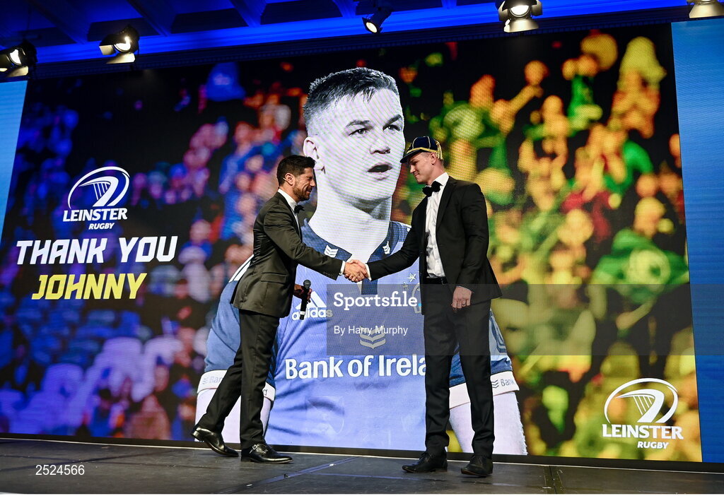 28 May 2023; Jonathan Sexton and MC Craig Doyle during Leinster Rugby Awards Ball, which took place at The Clayton Hotel Burlington Road in Dublin, was a celebration of the 2022/23 Leinster Rugby season. Photo by Harry Murphy/Sportsfile
