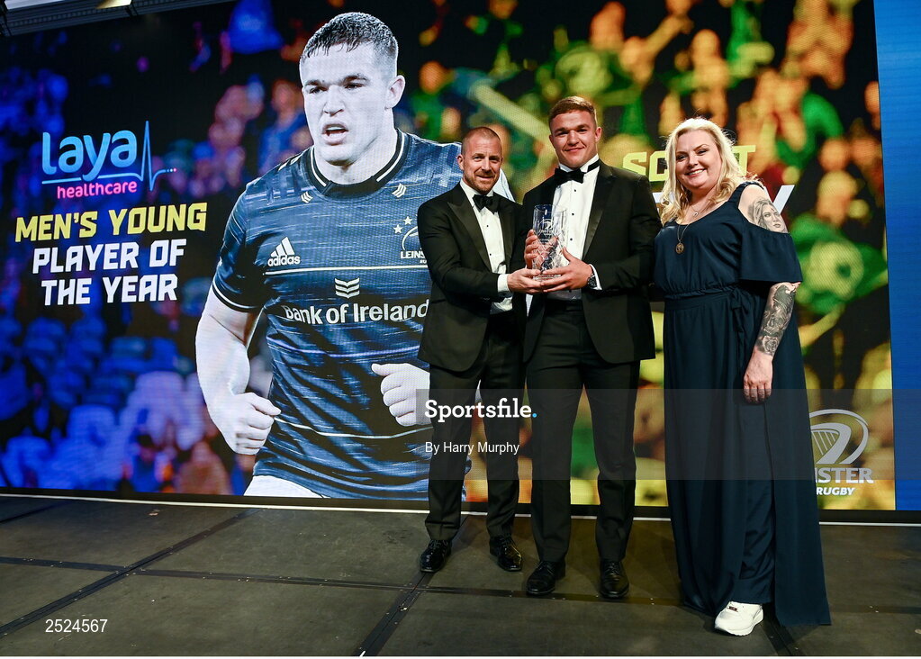 28 May 2023; Scott Penny is presented the Laya Healthcare Men's Young Player of the Year award by D.O. O'Connor of Laya Healthcare and Leinster Rugby president Debbie Carty during Leinster Rugby Awards Ball, which took place at The Clayton Hotel Burlington Road in Dublin, was a celebration of the 2022/23 Leinster Rugby season. Photo by Harry Murphy/Sportsfile