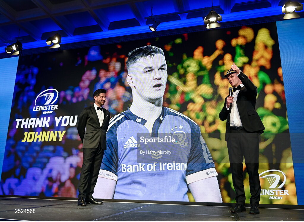 28 May 2023; Jonathan Sexton and MC Craig Doyle during Leinster Rugby Awards Ball, which took place at The Clayton Hotel Burlington Road in Dublin, was a celebration of the 2022/23 Leinster Rugby season. Photo by Harry Murphy/Sportsfile