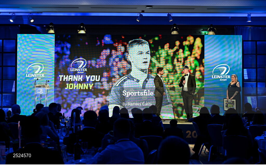 28 May 2023; Jonathan Sexton is interviewed by MC Craig Doyle at the Leinster Rugby Awards Ball, which took place at the Clayton Hotel Burlington Road in Dublin, was a celebration of the 2022/23 Leinster Rugby season. Photo by Ramsey Cardy/Sportsfile