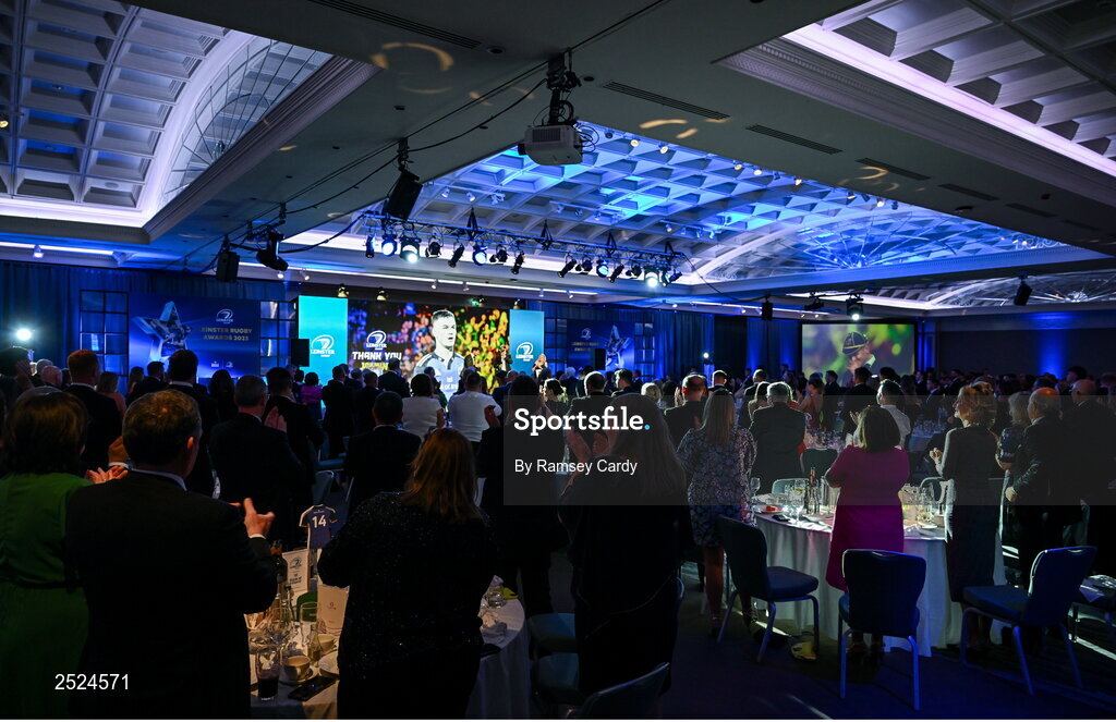 28 May 2023; Jonathan Sexton is interviewed by MC Craig Doyle at the Leinster Rugby Awards Ball, which took place at the Clayton Hotel Burlington Road in Dublin, was a celebration of the 2022/23 Leinster Rugby season. Photo by Ramsey Cardy/Sportsfile