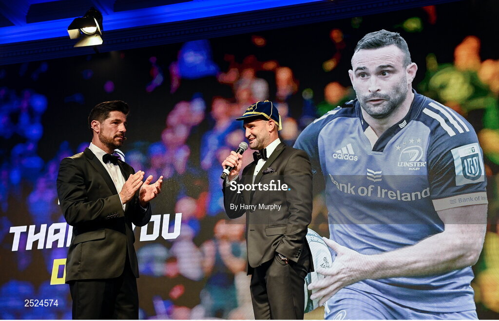 28 May 2023; Dave Kearney and MC Craig Doyle during Leinster Rugby Awards Ball, which took place at The Clayton Hotel Burlington Road in Dublin, was a celebration of the 2022/23 Leinster Rugby season. Photo by Harry Murphy/Sportsfile