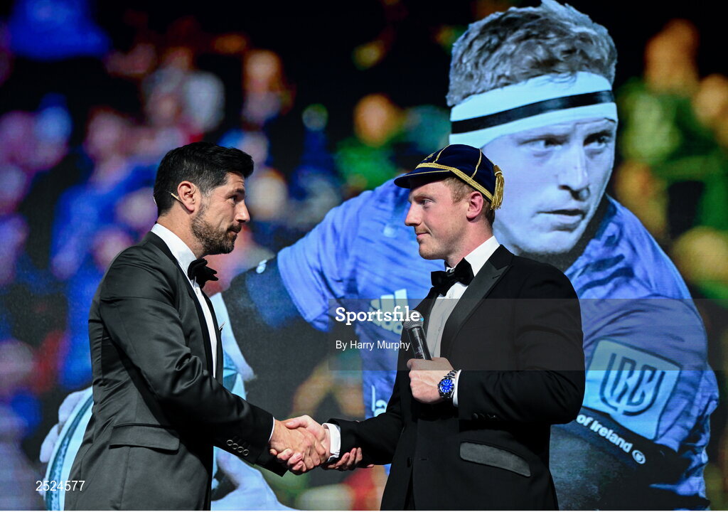 28 May 2023; James Tracy with MC Craig Doyle during Leinster Rugby Awards Ball, which took place at The Clayton Hotel Burlington Road in Dublin, was a celebration of the 2022/23 Leinster Rugby season. Photo by Harry Murphy/Sportsfile
