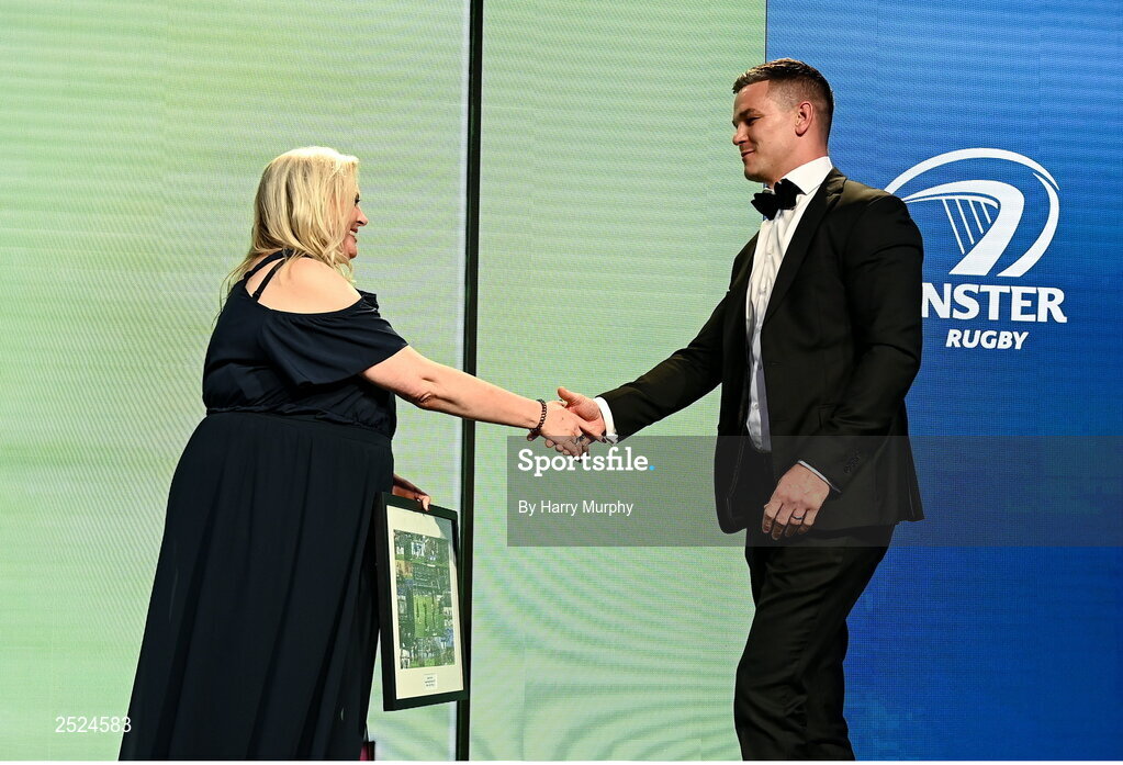 28 May 2023; Jonathan Sexton with Leinster Rugby president Debbie Carty during Leinster Rugby Awards Ball, which took place at The Clayton Hotel Burlington Road in Dublin, was a celebration of the 2022/23 Leinster Rugby season. Photo by Harry Murphy/Sportsfile