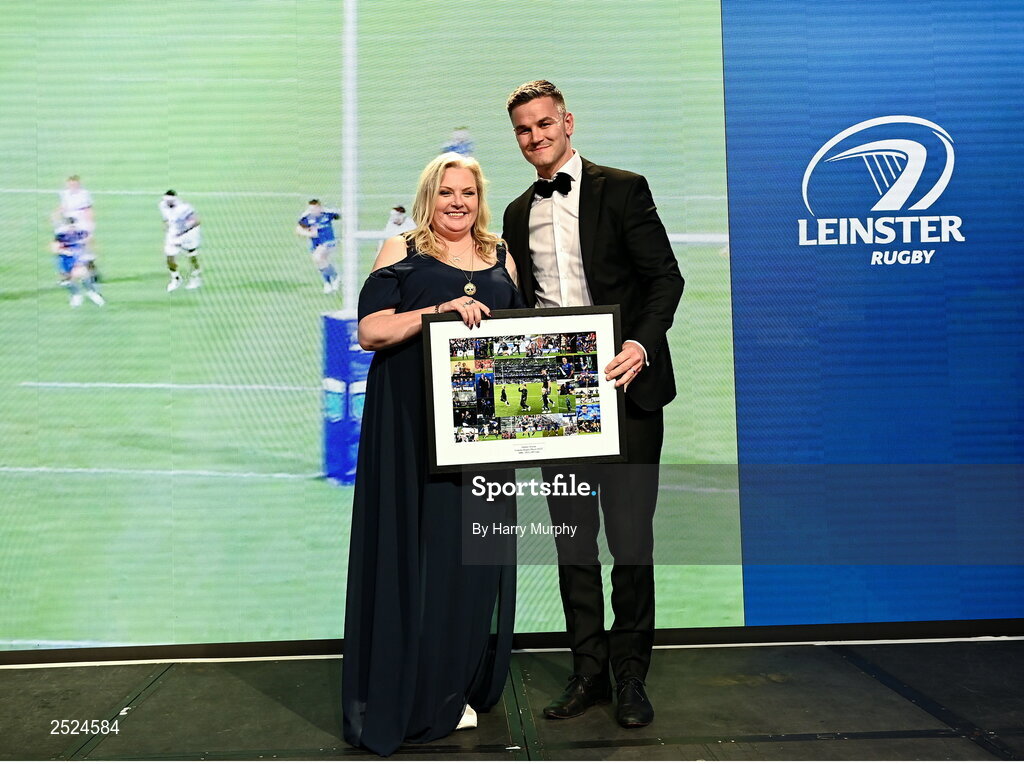 28 May 2023; Jonathan Sexton with Leinster Rugby president Debbie Carty during Leinster Rugby Awards Ball, which took place at The Clayton Hotel Burlington Road in Dublin, was a celebration of the 2022/23 Leinster Rugby season. Photo by Harry Murphy/Sportsfile