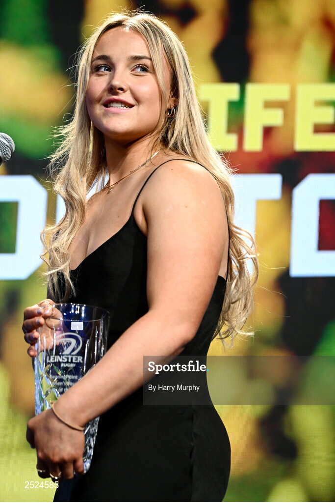 28 May 2023; Aoife Dalton after being presented the BearingPoint Women's Young Player of the Year award during Leinster Rugby Awards Ball, which took place at The Clayton Hotel Burlington Road in Dublin, was a celebration of the 2022/23 Leinster Rugby season. Photo by Harry Murphy/Sportsfile