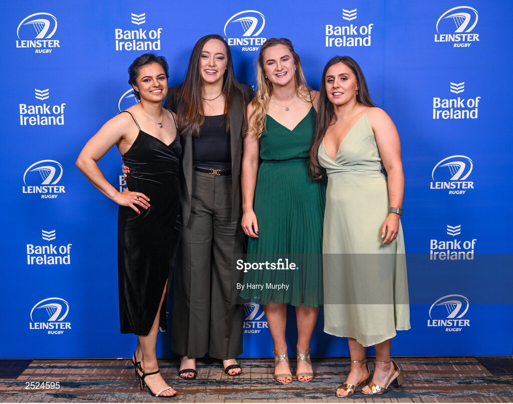 28 May 2023; On arrival at the Leinster Rugby Awards Ball is, from left, Vanessa Hullon, Clodagh Dunne, Alison Coleman and Beth Cregan. The Leinster Rugby Awards Ball, which took place at the Clayton Hotel Burlington Road in Dublin, was a celebration of the 2022/23 Leinster Rugby season. Photo by Harry Murphy/Sportsfile