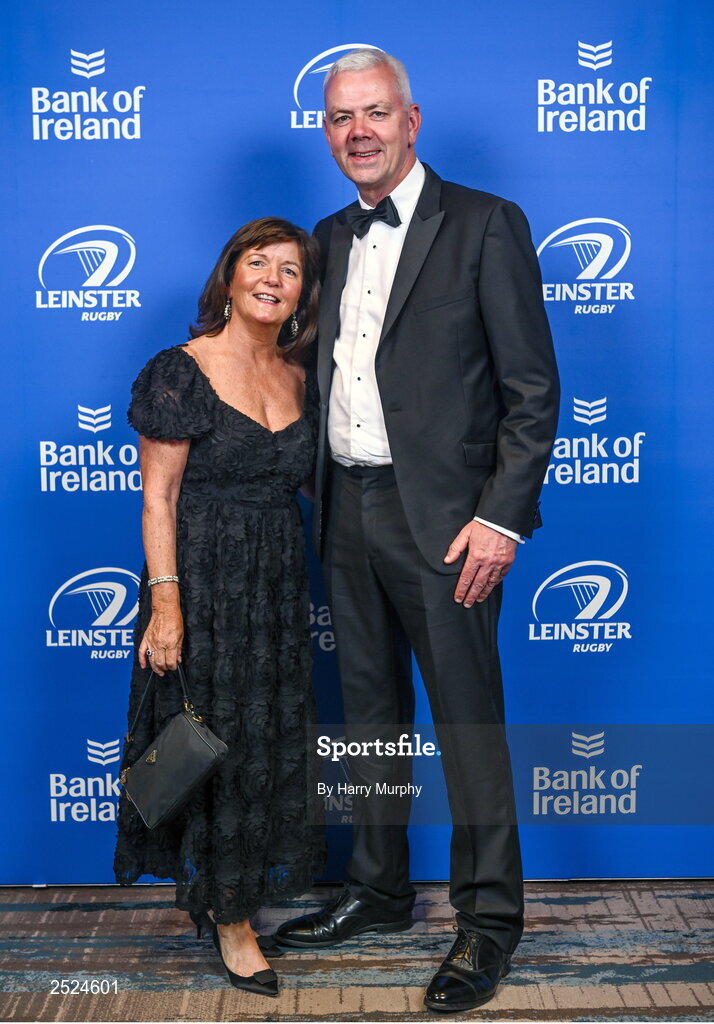 28 May 2023; On arrival at the Leinster Rugby Awards Ball is Vincent and Liz Milroy. The Leinster Rugby Awards Ball, which took place at the Clayton Hotel Burlington Road in Dublin, was a celebration of the 2022/23 Leinster Rugby season. Photo by Harry Murphy/Sportsfile