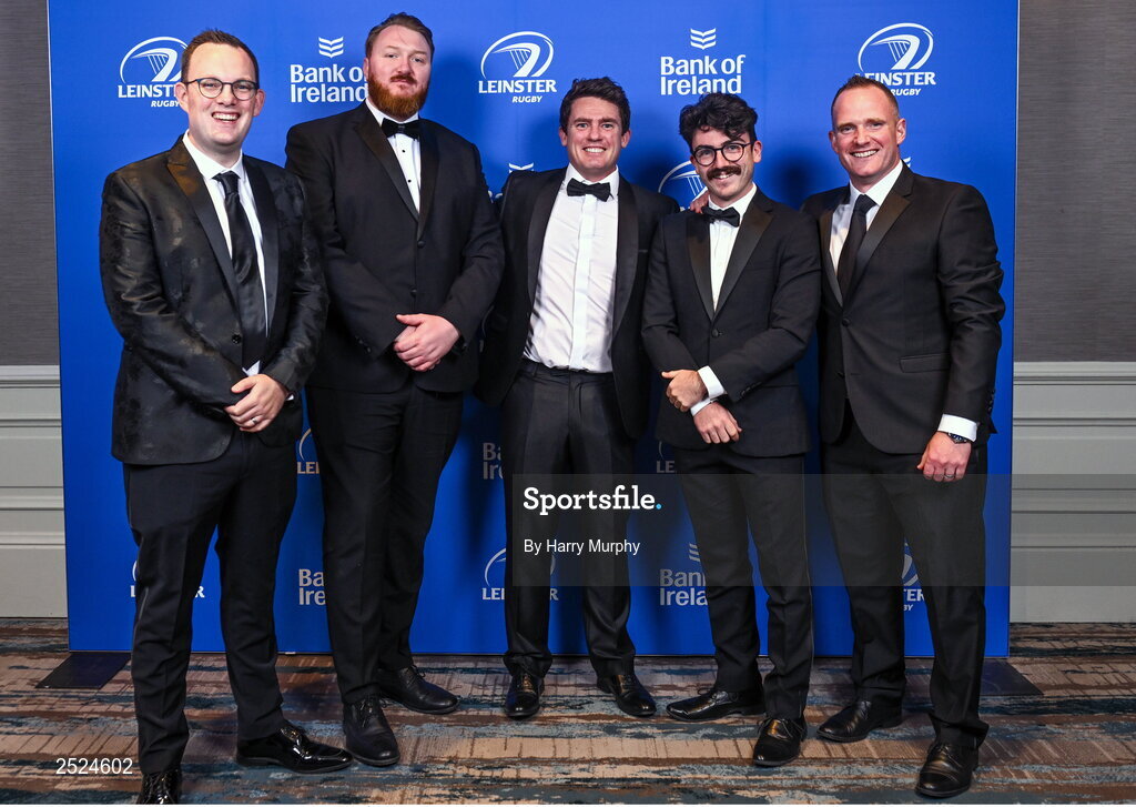 28 May 2023; On arrival at the Leinster Rugby Awards Ball is Daniel Kelly, Rob Maguire, Paul Cahill, Harry Murphy and Marcus Ó Buachalla. The Leinster Rugby Awards Ball, which took place at the Clayton Hotel Burlington Road in Dublin, was a celebration of the 2022/23 Leinster Rugby season. Photo by Harry Murphy/Sportsfile