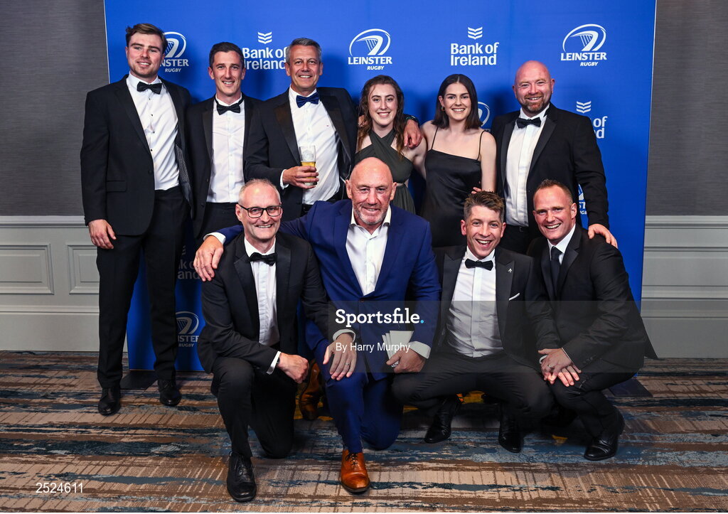 28 May 2023; On arrival at the Leinster Rugby Awards Ball are, back row, from left, David Doody, Darragh Curley, Chris Jones, Molly Boyne, Juliette Fortune and Jim Bastick, front row, from left, Emmet Byrne, Robin McBryde, Joe McGinley and Marcus Ó Buachalla. The Leinster Rugby Awards Ball, which took place at the Clayton Hotel Burlington Road in Dublin, was a celebration of the 2022/23 Leinster Rugby season. Photo by Harry Murphy/Sportsfile