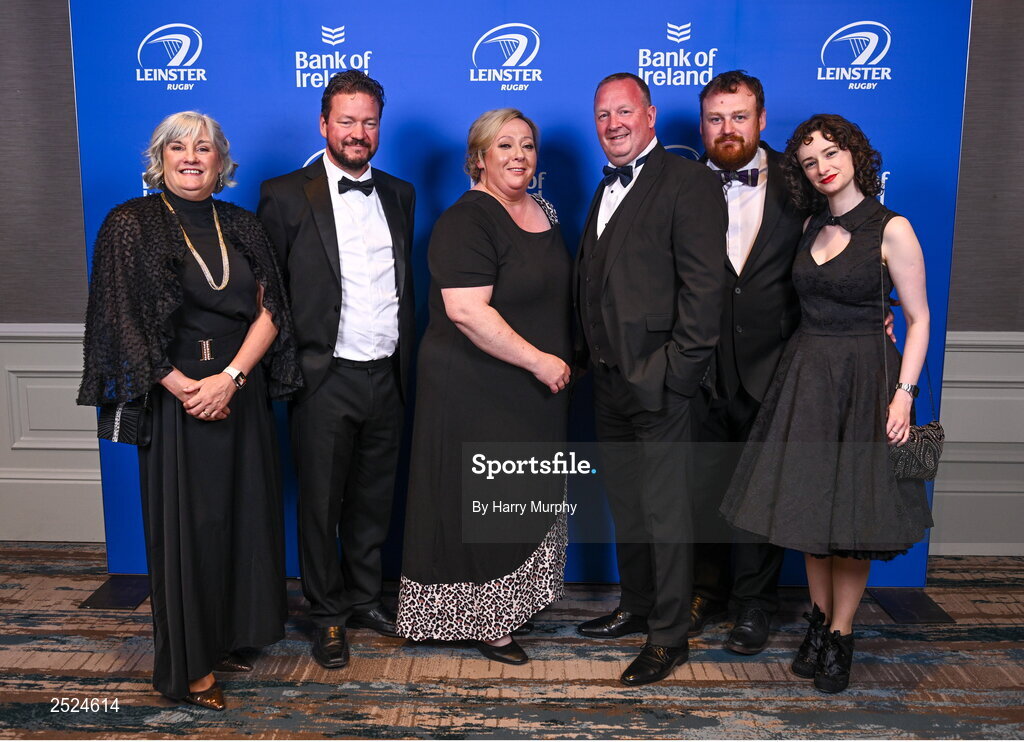 28 May 2023; On arrival at the Leinster Rugby Awards Ball are, from left, Liz Ryan, Eugene Canavan, Laura Lysaght, Dave Ryan, Eoin Kilkenny and Lauren Kilmartin. The Leinster Rugby Awards Ball, which took place at the Clayton Hotel Burlington Road in Dublin, was a celebration of the 2022/23 Leinster Rugby season. Photo by Harry Murphy/Sportsfile