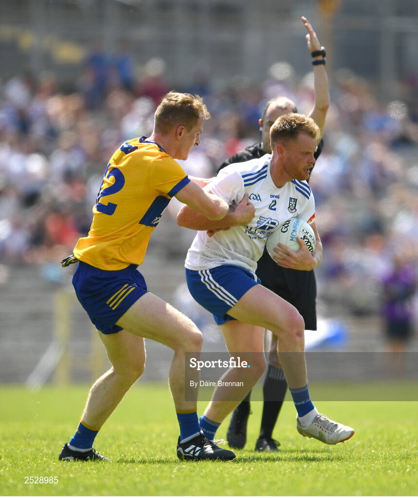4 June 2023; Ryan McAnespie of Monaghan in action against Pearse Lillis of Clare during the GAA Football All-Ireland Senior Championship Round 2 match between Monaghan and Clare at St Tiernach's Park in Clones, Monaghan. Photo by Daire Brennan/Sportsfile