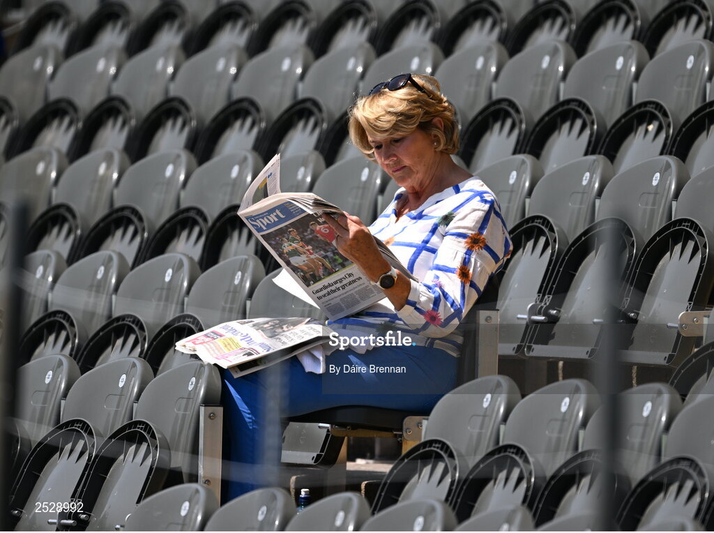 4 June 2023; Monaghan supporter Anne Brennan, from Castleblayney, Monaghan, reads her newspaper ahead of the GAA Football All-Ireland Senior Championship Round 2 match between Monaghan and Clare at St Tiernach's Park in Clones, Monaghan. Photo by Daire Brennan/Sportsfile