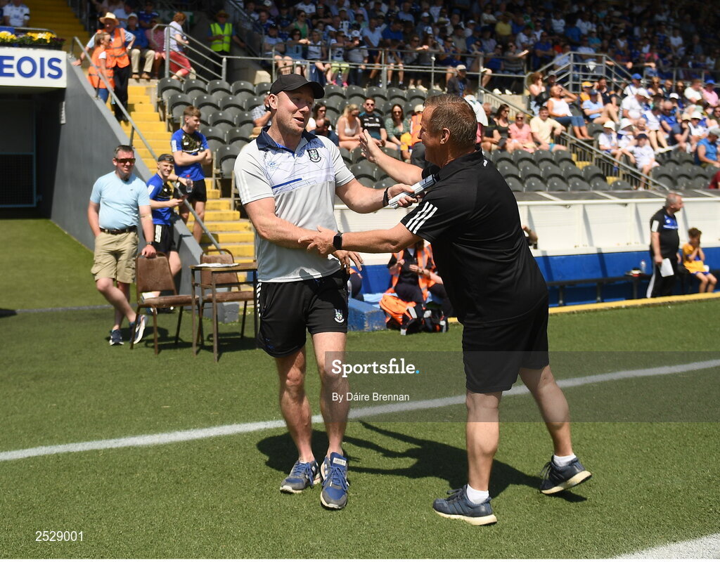 4 June 2023; Monaghan manager Vinny Corey with Clare manager Colm Collins ahead of the GAA Football All-Ireland Senior Championship Round 2 match between Monaghan and Clare at St Tiernach's Park in Clones, Monaghan. Photo by Daire Brennan/Sportsfile