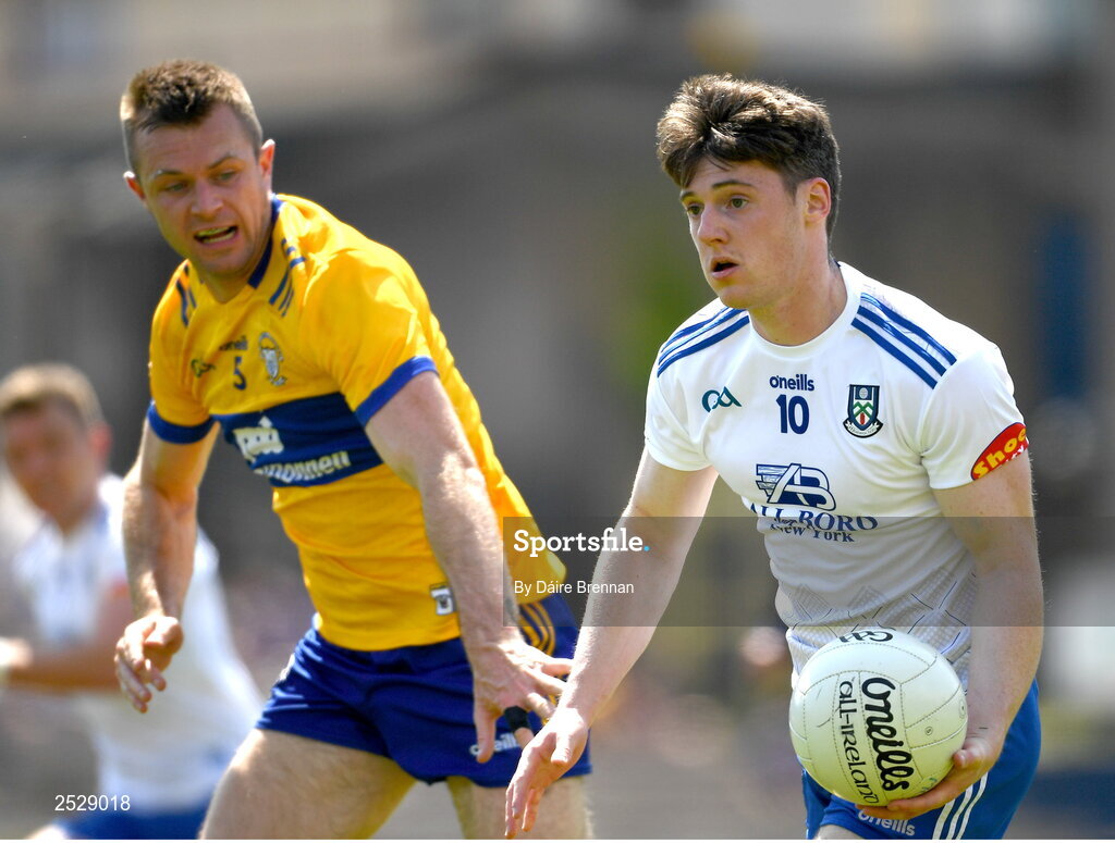 4 June 2023; Stephen O’Hanlon of Monaghan in action against Cillian Brennan of Clare during the GAA Football All-Ireland Senior Championship Round 2 match between Monaghan and Clare at St Tiernach's Park in Clones, Monaghan. Photo by Daire Brennan/Sportsfile