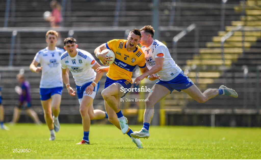 4 June 2023; Jamie Malone of Clare in action against Karl O Connell of Monaghan during the GAA Football All-Ireland Senior Championship Round 2 match between Monaghan and Clare at St Tiernach's Park in Clones, Monaghan. Photo by Daire Brennan/Sportsfile