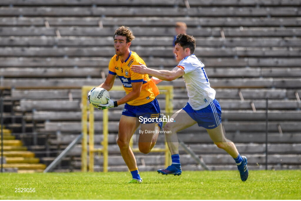 4 June 2023; Manus Doherty of Clare in action against Stephen O’Hanlon of Monaghan during the GAA Football All-Ireland Senior Championship Round 2 match between Monaghan and Clare at St Tiernach's Park in Clones, Monaghan. Photo by Daire Brennan/Sportsfile