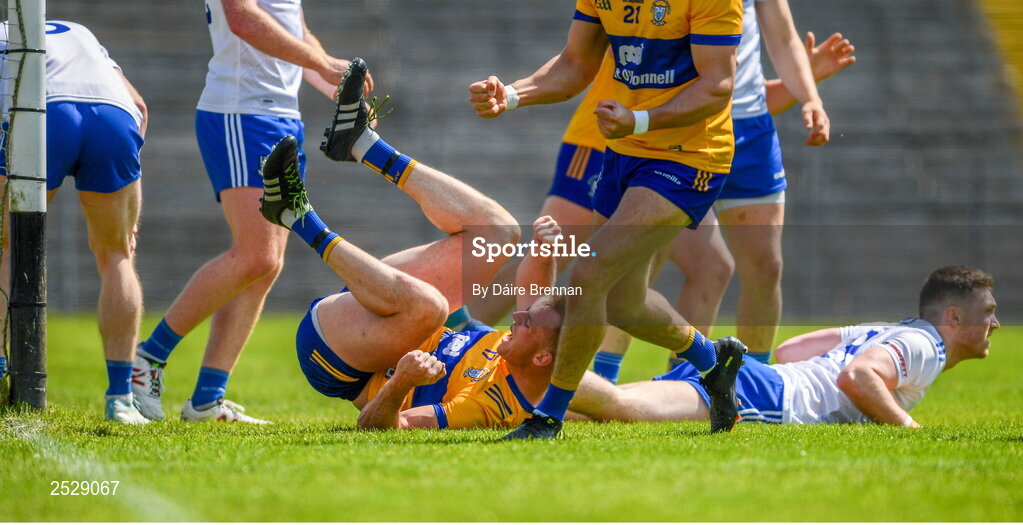 4 June 2023; Darragh Bohannon of Clare celebrates after scoring his side's first goal during the GAA Football All-Ireland Senior Championship Round 2 match between Monaghan and Clare at St Tiernach's Park in Clones, Monaghan. Photo by Daire Brennan/Sportsfile
