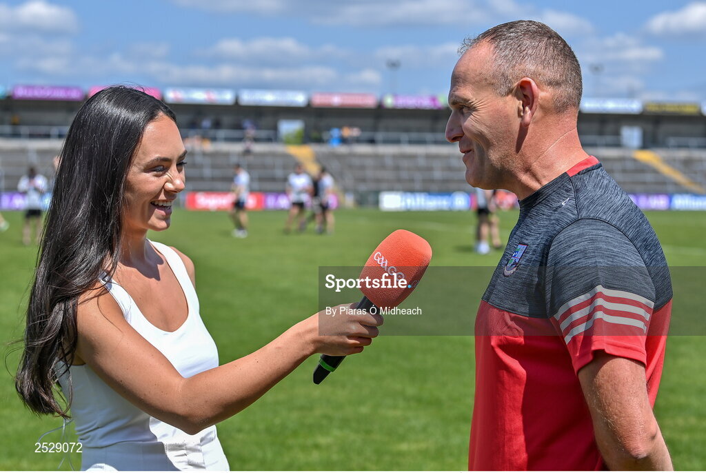 4 June 2023; GAAGO reporter Aisling O'Reilly interviews referee Conor Lane before the GAA Football All-Ireland Senior Championship Round 2 match between Roscommon and Sligo at Dr Hyde Park in Roscommon. Photo by Piaras Ó Mídheach/Sportsfile