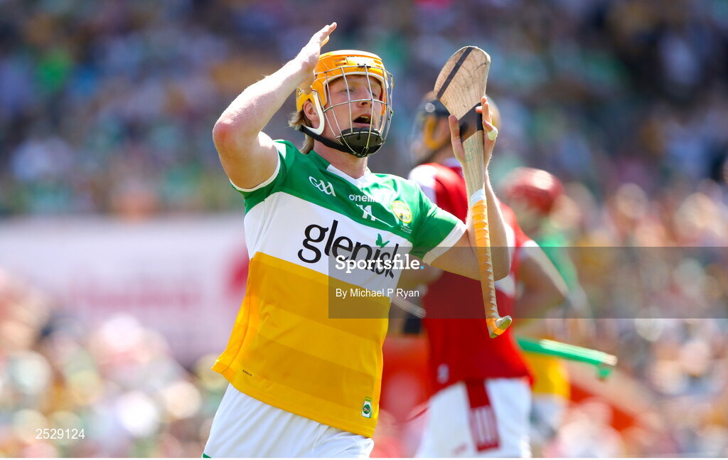 4 June 2023; Cormac Egan of Offaly reacts to a missed chance on goal during the O’Neills.com GAA Hurling All-Ireland U20 Championship Final match between Cork and Offaly at FBD Semple Stadium in Thurles, Tipperary. Photo by Michael P Ryan/Sportsfile