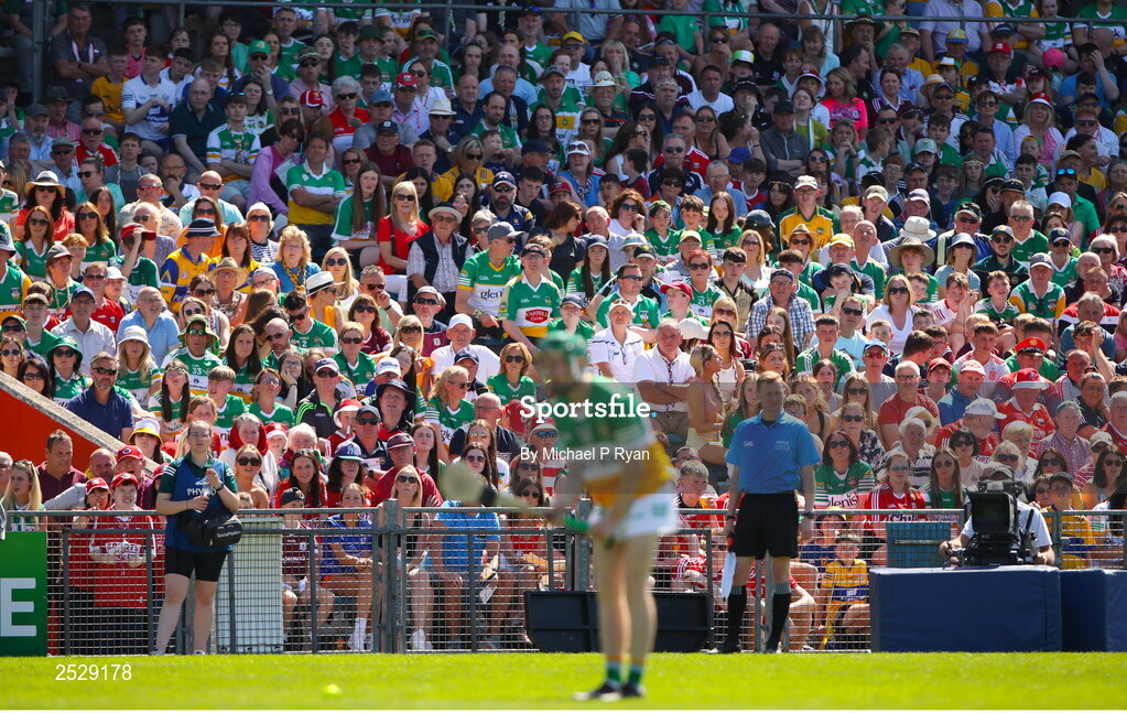 4 June 2023; Supporters look on as Adam Screeney of Offaly prepares to take a free during the O’Neills.com GAA Hurling All-Ireland U20 Championship Final match between Cork and Offaly at FBD Semple Stadium in Thurles, Tipperary. Photo by Michael P Ryan/Sportsfile