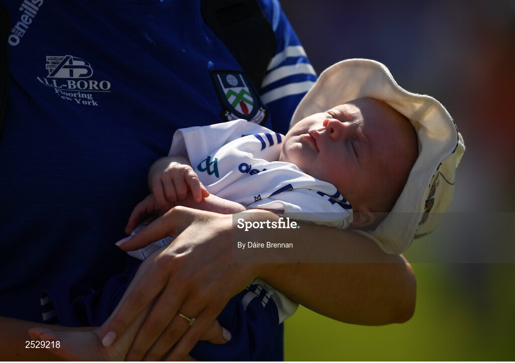 4 June 2023; Five week old Monaghan supporter Callum Kelly, from Clones, Co Monaghan, son of Monaghan player Fintan Kelly, after the GAA Football All-Ireland Senior Championship Round 2 match between Monaghan and Clare at St Tiernach's Park in Clones, Monaghan. Photo by Daire Brennan/Sportsfile