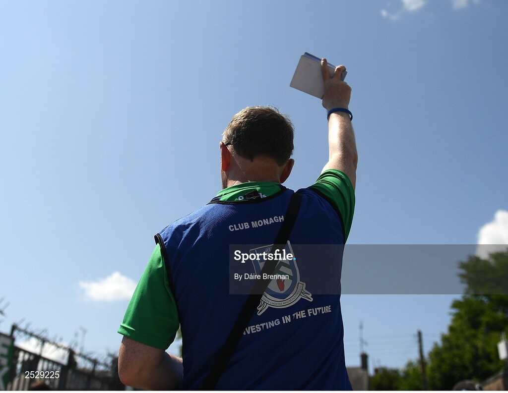 4 June 2023; Gabriel Reilly, from Monaghan town, sells half-time draw tickets ahead of the GAA Football All-Ireland Senior Championship Round 2 match between Monaghan and Clare at St Tiernach's Park in Clones, Monaghan. Photo by Daire Brennan/Sportsfile