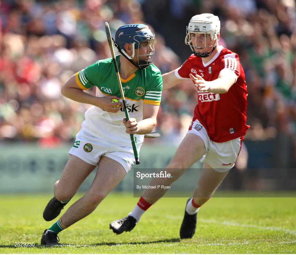 4 June 2023; Offaly goalkeeper Mark Troy in action against Jack Leahy of Cork during the O’Neills.com GAA Hurling All-Ireland U20 Championship Final match between Cork and Offaly at FBD Semple Stadium in Thurles, Tipperary. Photo by Michael P Ryan/Sportsfile