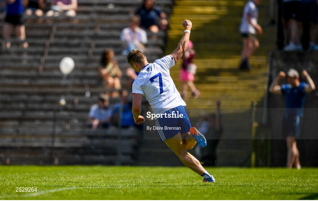 4 June 2023; Conor McCarthy of Monaghan celebrates after scoring his side's first goal during the GAA Football All-Ireland Senior Championship Round 2 match between Monaghan and Clare at St Tiernach's Park in Clones, Monaghan. Photo by Daire Brennan/Sportsfile