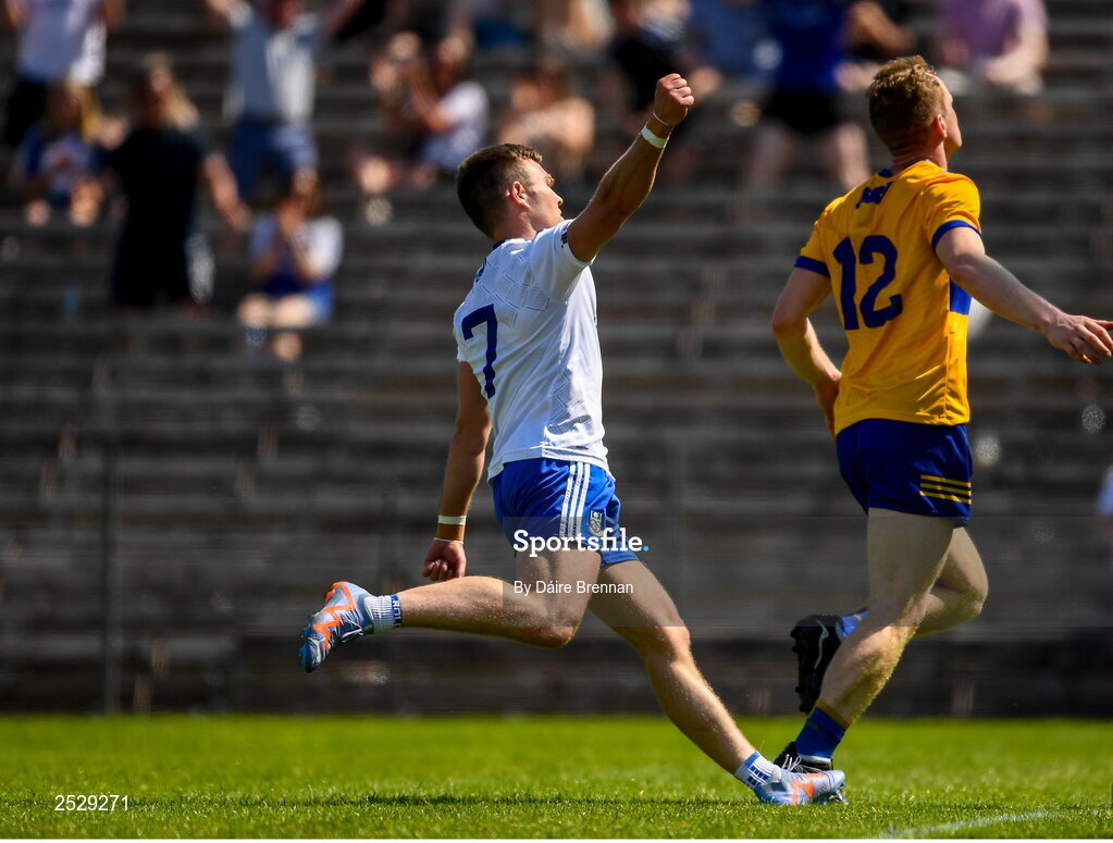 4 June 2023; Conor McCarthy of Monaghan celebrates after scoring his side's first goal during the GAA Football All-Ireland Senior Championship Round 2 match between Monaghan and Clare at St Tiernach's Park in Clones, Monaghan. Photo by Daire Brennan/Sportsfile