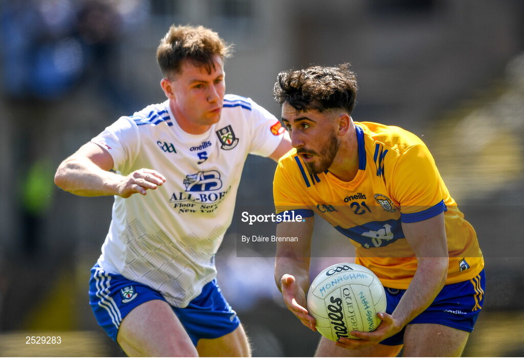 4 June 2023; Aaron Griffin of Clare in action against Karl O'Connell of Monaghan during the GAA Football All-Ireland Senior Championship Round 2 match between Monaghan and Clare at St Tiernach's Park in Clones, Monaghan. Photo by Daire Brennan/Sportsfile